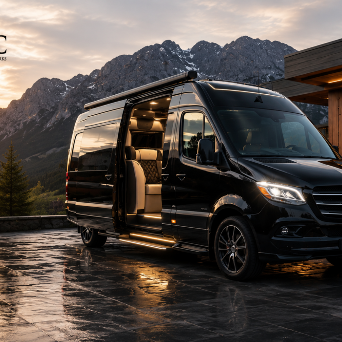 Luxury van at sunset with reflections